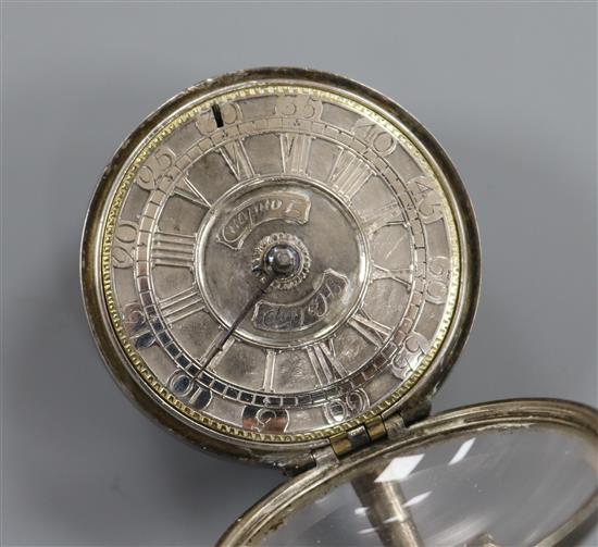 A late 18th century white metal cased keywind verge pocket watch by Tho. Hally, London (outer case missing).